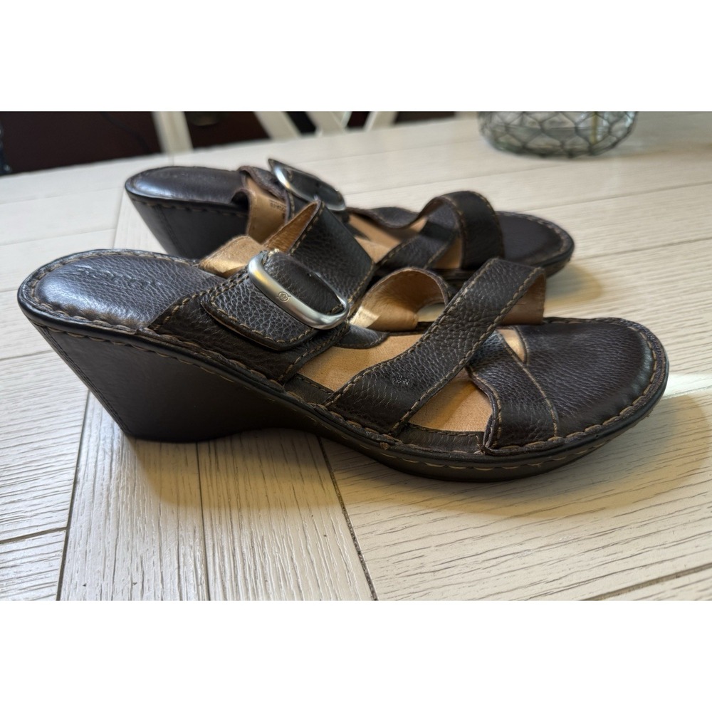 BORN Brown Leather Wedge Sandals Clogs Slides Women Boho Comfort‎ Shoe Buckle 9
